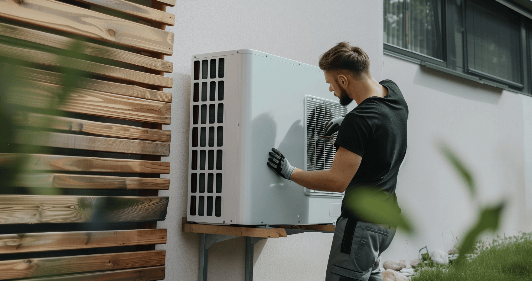 Ein Handwerker installiert eine Wärmepumpe am Haus