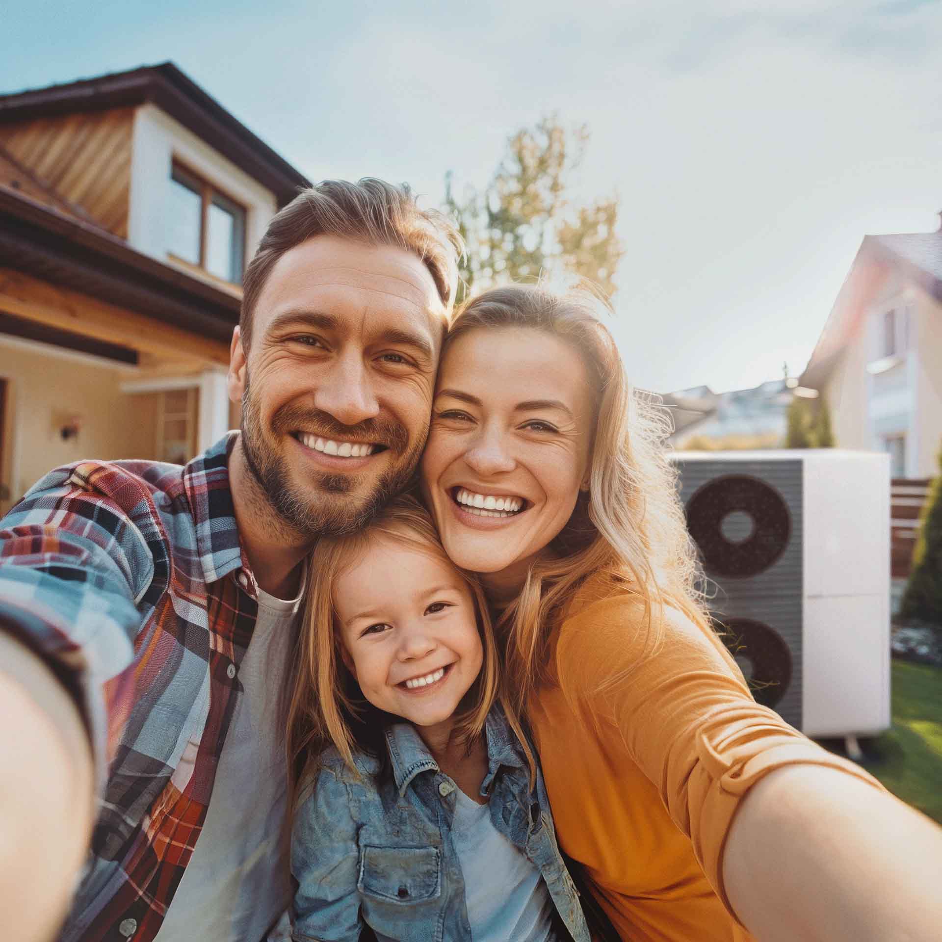 Familie steht vor ihrem Haus und freut sich über die Wärmepumpe